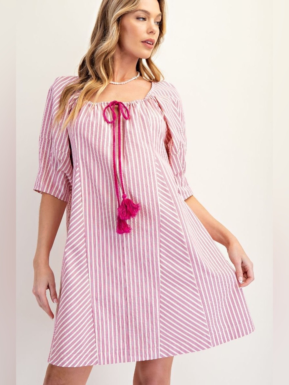 #290 New! Easel Striped Malibu Pink Tie-Front Peasant Dress
